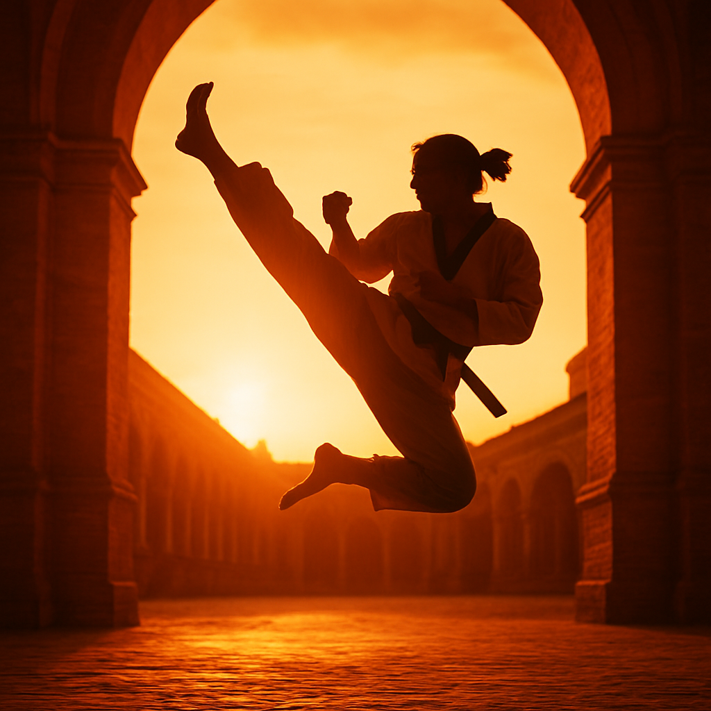 Atleta de taekwondo realizando una patada de salto