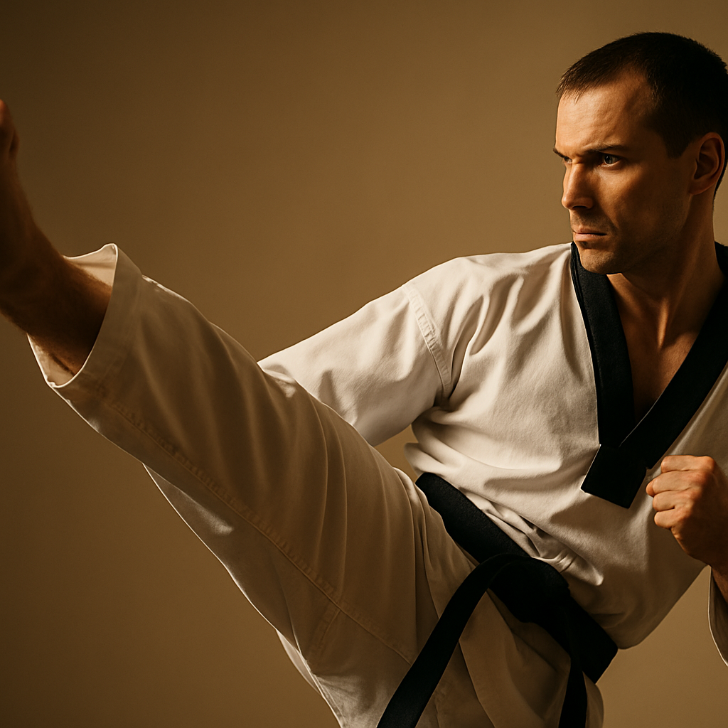 Atleta de taekwondo ejecutando técnica de patada